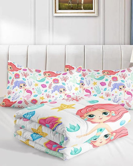 Mermaid Comforter Set Twin Size Fairy Tale Sea Shell Grass Bedding Set Starfish Quilt Bed Set for Kid Girls with 1 Comforter and 2 Pillowcases - LeafyLoom