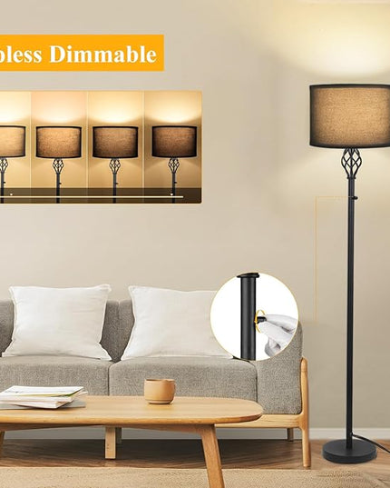 Dimmable Floor lamp, Floor Lamps for Living Room, Modern Standing Lamp with Black Linen Shade, Rotary Switch, 10W LED Bulb(1000LM, 2700K), Reading Tall Floor Lamp for Bedroom Office Dinning Room - LeafyLoom