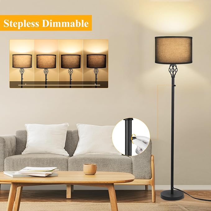 Dimmable Floor lamp, Floor Lamps for Living Room, Modern Standing Lamp with Black Linen Shade, Rotary Switch, 10W LED Bulb(1000LM, 2700K), Reading Tall Floor Lamp for Bedroom Office Dinning Room - LeafyLoom