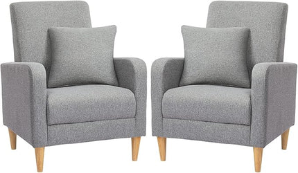 COLAMY Modern Accent Living Room Chairs Set of 2, Upholstered Fabric Armchair Reading Side Chair, Single Sofa with Back Pillow, Light Grey - LeafyLoom
