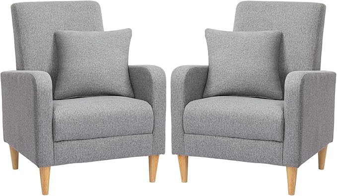 COLAMY Modern Accent Living Room Chairs Set of 2, Upholstered Fabric Armchair Reading Side Chair, Single Sofa with Back Pillow, Light Grey - LeafyLoom