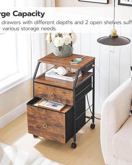 HOOBRO 2-Drawer Mobile File Cabinet, Filing Cabinet with Charging Station, Printer Stand with Open Storage Shelf, for A4/Letter Size, Home Office, Nonwovens Drawer, Rustic Brown and Black BF10UWJ01 - LeafyLoom