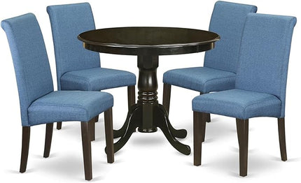 East West Furniture ANBA5-CAP-21 5 Piece Set for 4 includes a Round Kitchen Table with Pedestal and 4 Blue Color Linen Fabric Parson Dining Chairs, 36x36 Inch - LeafyLoom