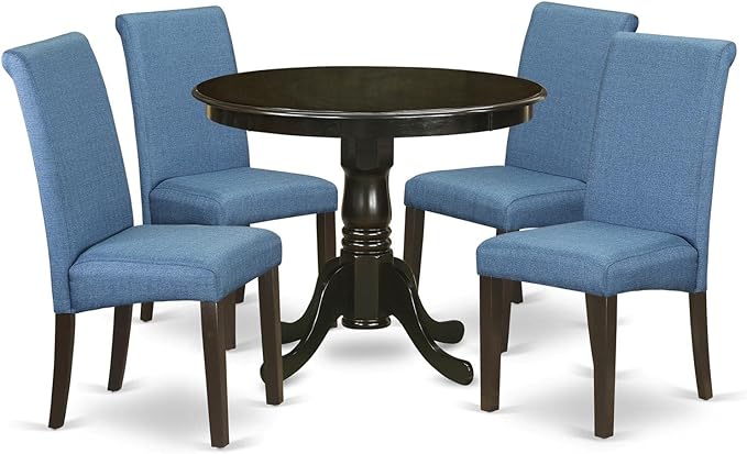 East West Furniture ANBA5-CAP-21 5 Piece Set for 4 includes a Round Kitchen Table with Pedestal and 4 Blue Color Linen Fabric Parson Dining Chairs, 36x36 Inch - LeafyLoom
