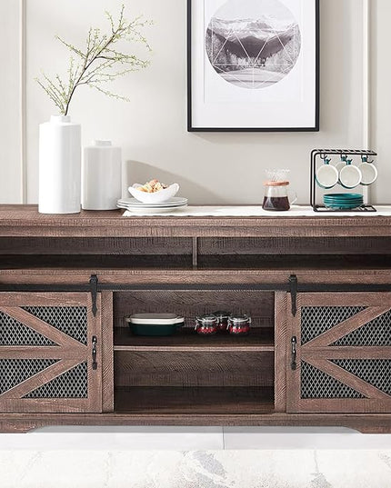 Zanzio 66" Farmhouse TV Stand for up to 75 inch TVs, Rustic Entertainment Center Media Console Table with Sliding Barn Doors Living Room Bedroom Wooden TV Cabinet (Distressed Brown) - LeafyLoom