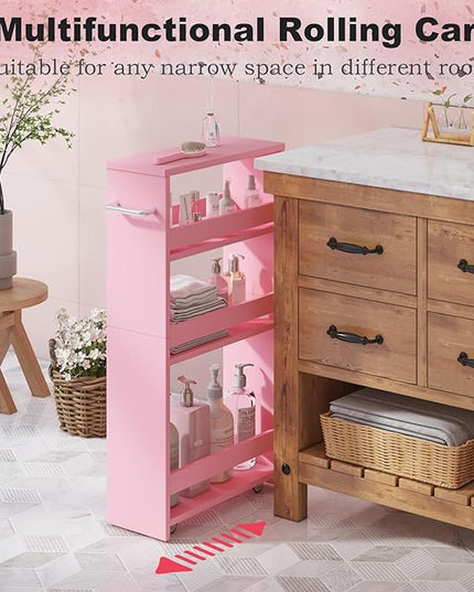 MARTY Pink Slim Storage Cart, 4-Tier Rolling Bookshelf Kitchen Cart on Wheels, Laundry Room Organization with Handle Slide Out Utility Cart Shelving Unit Trolley for Narrow Places - LeafyLoom