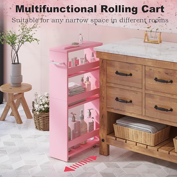 MARTY Pink Slim Storage Cart, 4-Tier Rolling Bookshelf Kitchen Cart on Wheels, Laundry Room Organization with Handle Slide Out Utility Cart Shelving Unit Trolley for Narrow Places - LeafyLoom