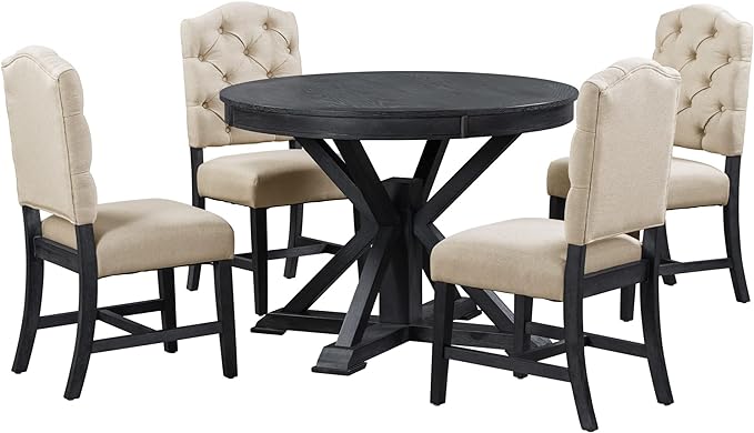 5-Piece Retro Round Dining Set with Extendable Table and 4 Upholstered Chairs for Kitchen, Breakfast Nook, Living Room, Espresso, 42"-54" L x 42" W x 30" H - LeafyLoom