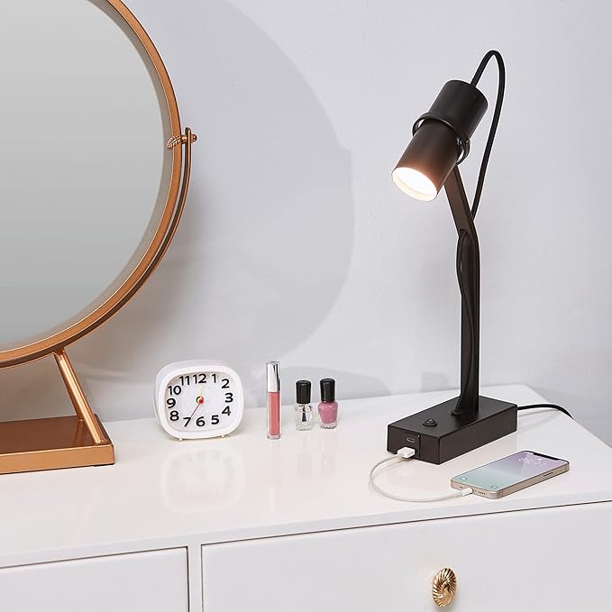 Globe Electric MRDK by Globe Series.01.TL 16" LED Desk Lamp, 2.1A Combined USB Port and USB-C Port, 5 Watts, 240 Lumens, 3000 Kelvin Warm White, Adjustable Shade, Matte Black - LeafyLoom
