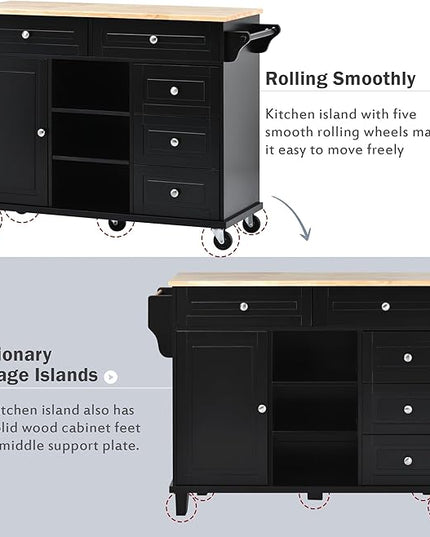 Kitchen Island with Storage Cabinets, Rolling Mobile Kitchen-cart w/Rubber Wood Desktop and 5 Drawers & Open Shelves, Sideboard for Dining Room, Home Bar - LeafyLoom
