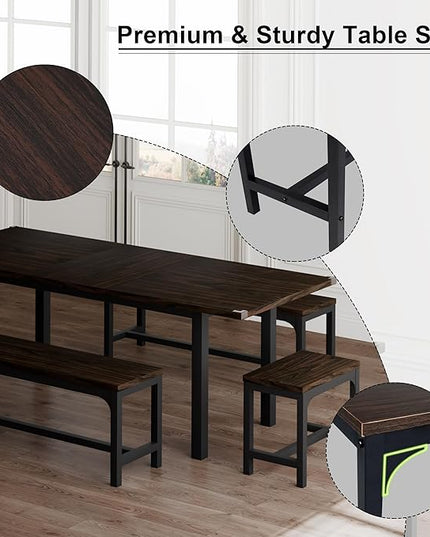 Feonase 5-Piece Dining Table Set for 4-8 People, 63" Extendable Kitchen Table Set with 2 Benches and 2 Square Stools, Dining Room Table with MDF Wood Board, Easy Clean, Espresso - LeafyLoom