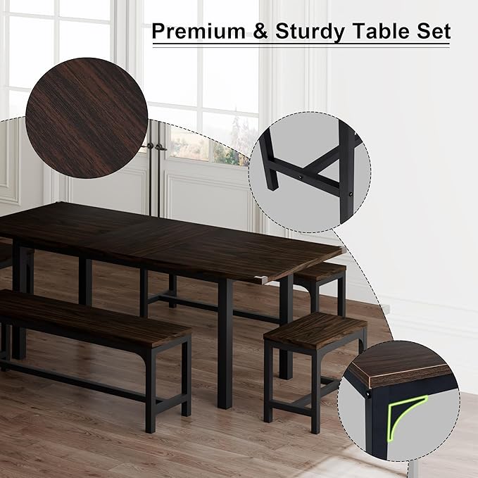 Feonase 5-Piece Dining Table Set for 4-8 People, 63" Extendable Kitchen Table Set with 2 Benches and 2 Square Stools, Dining Room Table with MDF Wood Board, Easy Clean, Espresso - LeafyLoom