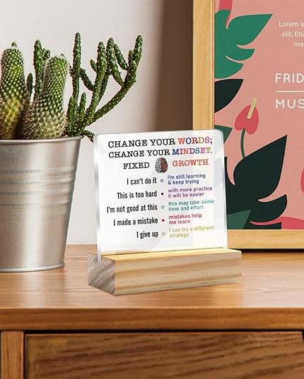 Growth Mindset Gift Change Your Words Change Your Mindset Clear Desk Decorative Sign Keepsake Present Positive Acrylic Plaque with Wooden Stand Sign Desk Decor for Home Office - LeafyLoom
