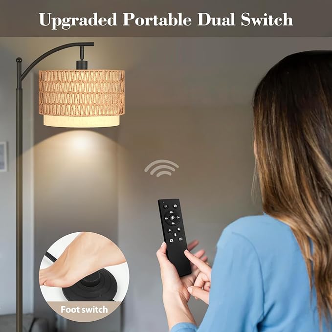 PESRAE Boho Farmhouse Rattan Floor Lamps for Living Room with Remote Control Stepless Dimmable Bulb,Standing Floor Lamp with 360°Adjustable Rattan Lampshade for Living Room, Bedroom,Office - LeafyLoom