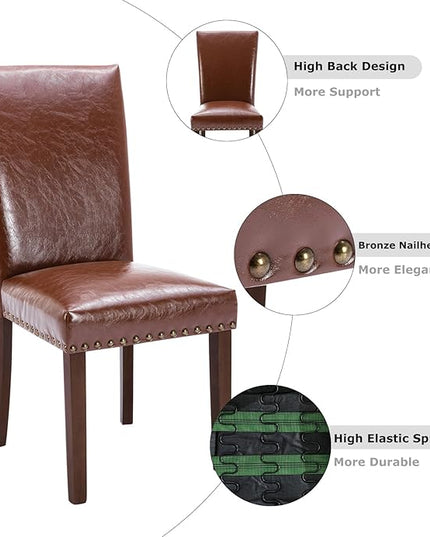 COLAMY Upholstered Parsons Dining Chairs Set of 4, PU Leather Dining Room Kitchen Side Chair with Nailhead Trim and Wood Legs - Light Brown - LeafyLoom