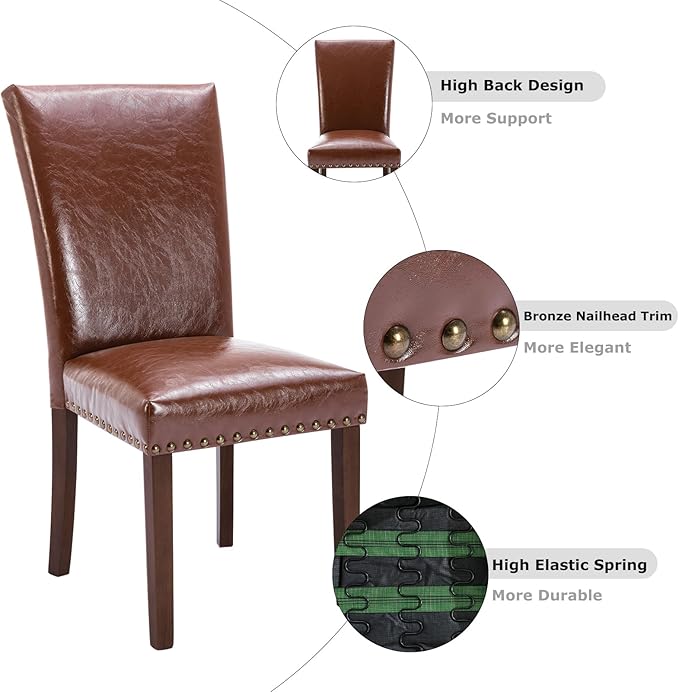 COLAMY Upholstered Parsons Dining Chairs Set of 4, PU Leather Dining Room Kitchen Side Chair with Nailhead Trim and Wood Legs - Light Brown - LeafyLoom