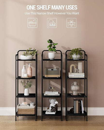 Bookcase Bookshelf, 4-Tier Narrow Book Shelf, Industrial Coner Shelf Storage Organizer, Slim Shelving Unit for Home Office, Living Room, Bedroom, Kitchen, Black BC24404B - LeafyLoom