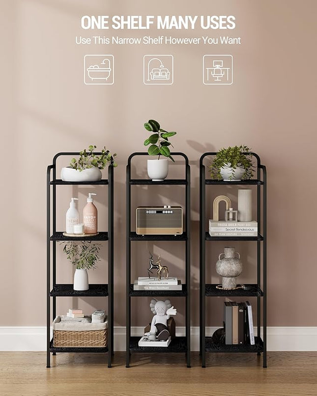 Bookcase Bookshelf, 4-Tier Narrow Book Shelf, Industrial Coner Shelf Storage Organizer, Slim Shelving Unit for Home Office, Living Room, Bedroom, Kitchen, Black BC24404B - LeafyLoom