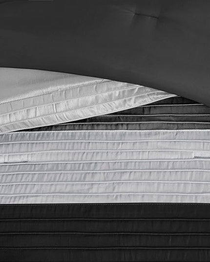 Madison Park Amherst Faux Silk Comforter Set-Casual Contemporary Design All Season Down Alternative Bedding, Matching Shams, Bedskirt, Decorative Pillows, Queen(90"x90"), Black, 7 Piece (MP10-225) - LeafyLoom