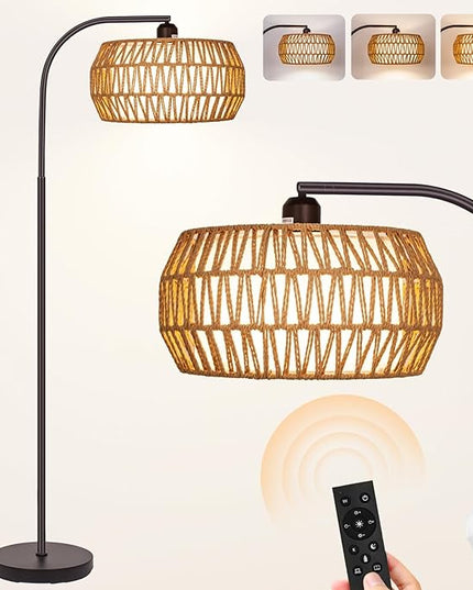 Rattan Standing Lamp with Remote and Dimmable Bulb, Bronze Arch Floor Lamp, Over Couch Lamp with Foot Switch, Brown Boho Lamp for Living Room, Bedroom, Office, Classroom - LeafyLoom