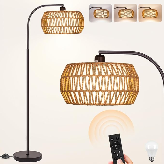 Rattan Standing Lamp with Remote and Dimmable Bulb, Bronze Arch Floor Lamp, Over Couch Lamp with Foot Switch, Brown Boho Lamp for Living Room, Bedroom, Office, Classroom - LeafyLoom