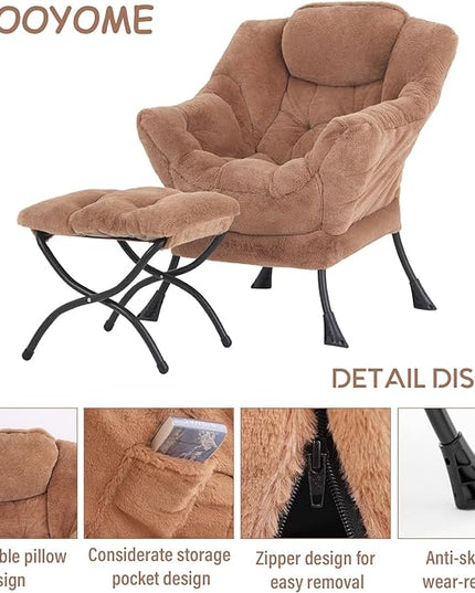 Lazy Chair with Ottoman, Modern Accent Chair Contemporary Lounge Leisure Upholstered Sofa Chair Set with Armrests, Reading Chair for Living Room, Bedroom, Office, Plush Brown - LeafyLoom
