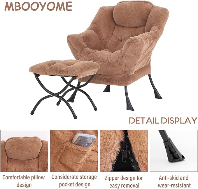 Lazy Chair with Ottoman, Modern Accent Chair Contemporary Lounge Leisure Upholstered Sofa Chair Set with Armrests, Reading Chair for Living Room, Bedroom, Office, Plush Brown - LeafyLoom