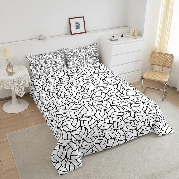 Feelyou Full Size Volleyball Bedding Set Boys Girls Sports Game Comforter Set for Kids Women Men Ultra Soft Volleyball Player Comforter Black White Duvet Set Room Decor Quilt Set - LeafyLoom