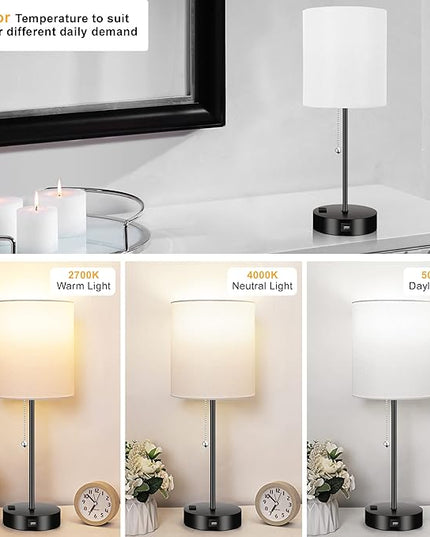 3 Color Temperature Bedside Table Lamps Set of 2, Modern Small Lamp with USB and Outlet, Bedroom Lamp for Nightstand with Chain Switch, White Desk Lamp for Living Room, Two Bulbs Included - LeafyLoom
