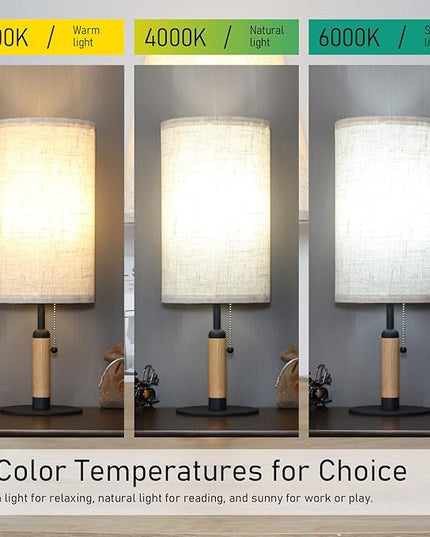 3-Color Temperatures Bedside Table Lamp for Nightstand Living Room Lamps for Bedroom Wood Fabric Pull Chain Switch Small Desk Lamps Home Office End Table Room Decor (Light Brown+Black) - LeafyLoom