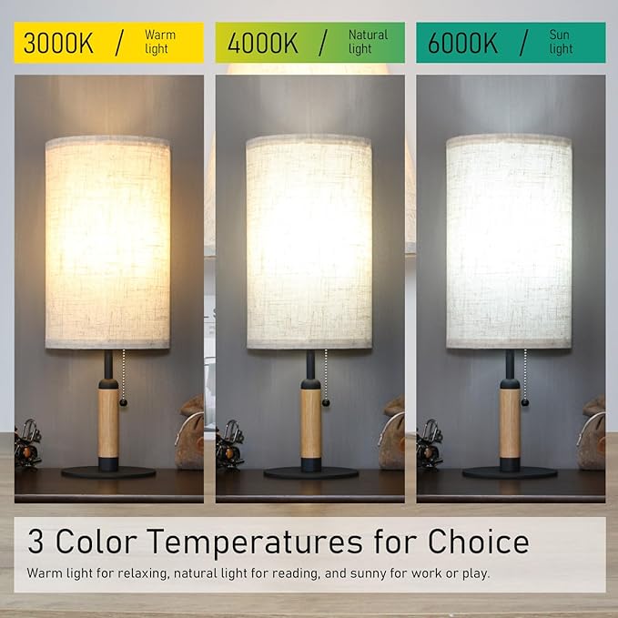 3-Color Temperatures Bedside Table Lamp for Nightstand Living Room Lamps for Bedroom Wood Fabric Pull Chain Switch Small Desk Lamps Home Office End Table Room Decor (Light Brown+Black) - LeafyLoom