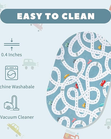 LIVEBOX Blue 3'x5' Non-Slip Kids Play Rug, Machine Washable Road Mat for Playroom, Toy Room Carpet with Cartoon Design for Boys and Girls - LeafyLoom