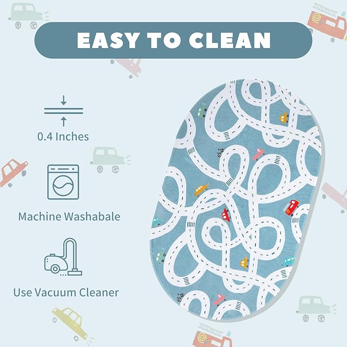 LIVEBOX Blue 3'x5' Non-Slip Kids Play Rug, Machine Washable Road Mat for Playroom, Toy Room Carpet with Cartoon Design for Boys and Girls - LeafyLoom