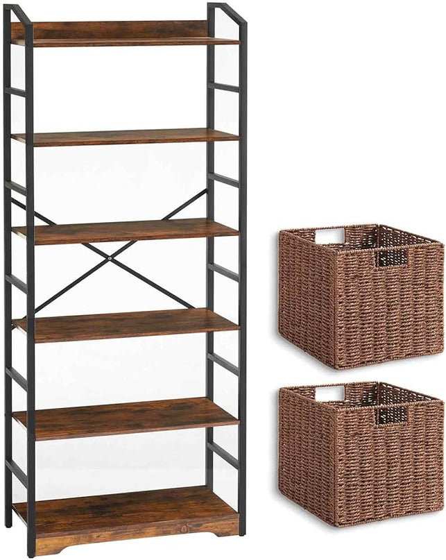 Vagusicc 6 Tier Bookshelf with 2 Storage Baskets, Tall Bookcase Shelf Storage Organizer Wood Book Shelf, Modern Shelf Rack Shelves with Steel Frame, Multipurpose Bookshelf for Bedroom Living Room - LeafyLoom