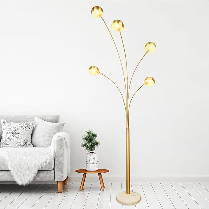 DLLT 5-Light Arc Floor Lamp, 86.6" Gold Floor Lamps for Living Room, Multi-Head LED Standing Tall Lamp with Adjustable Arms, Modern Tree Floor Lamps for Bedroom, Study, Office, E12 Bulbs Included - LeafyLoom