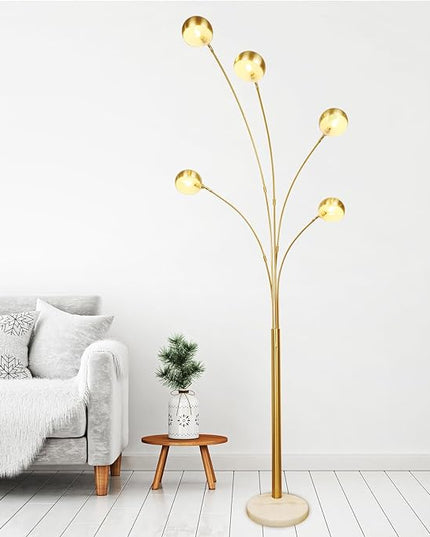 Depuley 5-Light Modern LED Floor Lamp, Adjustable Metal Tall Standing Lamps with Marble Base, Dimmable Spider Floor Lamps with Flexible Rotating Lights for Living Room(Gold, E12 Bulbs Included) - LeafyLoom