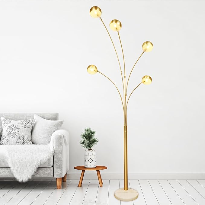 Depuley 5-Light Modern LED Floor Lamp, Adjustable Metal Tall Standing Lamps with Marble Base, Dimmable Spider Floor Lamps with Flexible Rotating Lights for Living Room(Gold, E12 Bulbs Included) - LeafyLoom