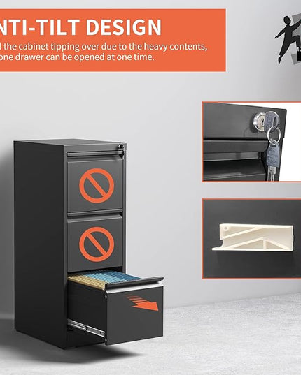 3 Drawer File Cabinet,Metal Filing Cabinets for Home Office, Black Vertical File Cabinet with Lock,Heavy Duty Metal Storage Cabinet for A4/Letter/Legal Size Files,Assembly Required - LeafyLoom