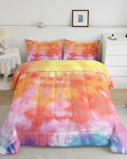 Girls Tie Dye Comforter Set with Pillowcase Trippy Bedding Boho Hippie Psychedelic Gypsy Down Comforter Twin Kids Bed Sets Soft Machine Washable Pastel Duvet Quilt Set, Orange Yellow Pink Purple Blue - LeafyLoom
