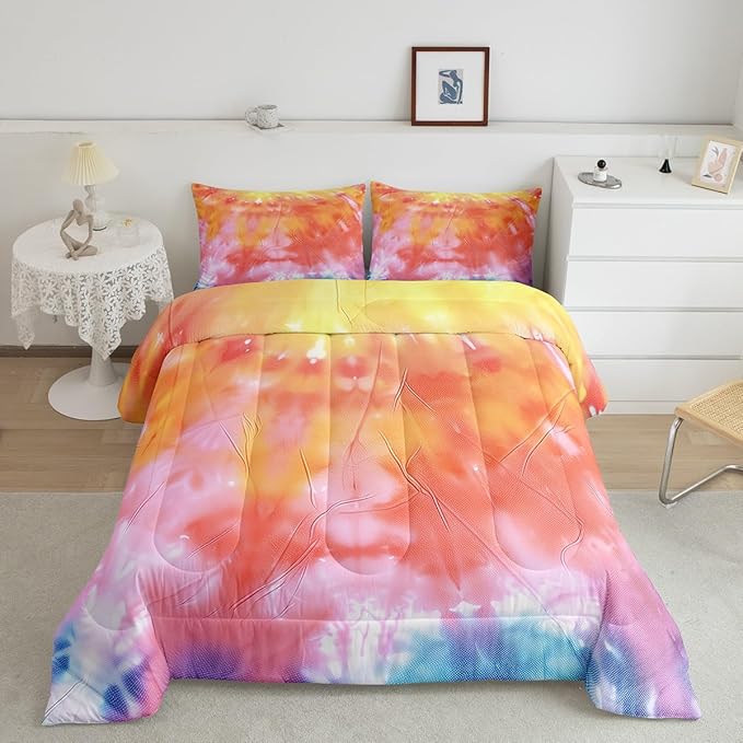 Boho Comforter Set Spiral Tye Dye Pattern 3pc Down Comforter Queen Size Rainbow Bedding Sets with 2 Pillowcases Soft Comfortable Machine Washable,Trippy Psychedelic Gypsy Duvet Quilt Set for Teen Girl - LeafyLoom