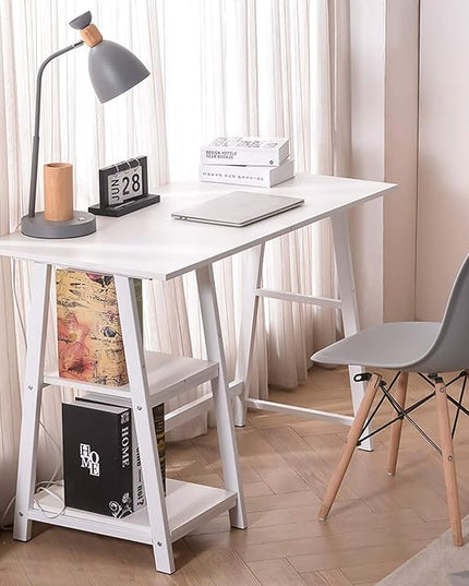 Natwind 43" White Desk Home Office Computer Working Kid Student Study Table with 2-Tier Storage Bookshelves Modern Simple Study Laptop Writing Elegant Style Desk Workstation - LeafyLoom