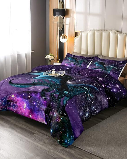 Erosebridal Dragon Bedding Set Purple Nebula Comforter Set King Size Mysterious Outer Space Duvet Set Trippy Bedding Set for Kids Boys Girls Teens Room Decor, Safari Wildlife Animals Quilt Set - LeafyLoom