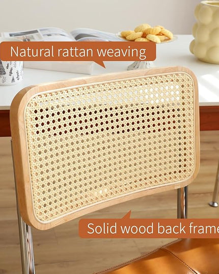 Dining Chairs Set of 2, Faux Leather Rattan Side Accent Chairs with Chrome Legs, Modern Mid Century Designed Chairs for Dining,Living Room,Kitchen Chairs (Leather Brown) - LeafyLoom