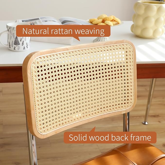 Dining Chairs Set of 2, Faux Leather Rattan Side Accent Chairs with Chrome Legs, Modern Mid Century Designed Chairs for Dining,Living Room,Kitchen Chairs (Leather Brown) - LeafyLoom