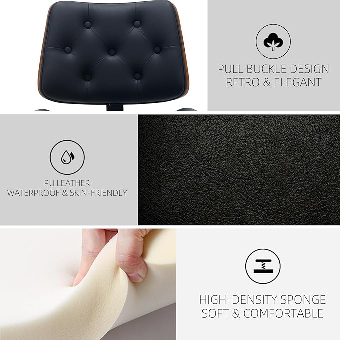 Armless Home Office Chair Modern Walnut Chair with Wheels Mid Back Swivel Computer Chair No arm Adjustable Height Leather Desk Chair for Reading,Meeting Room (Black) - LeafyLoom