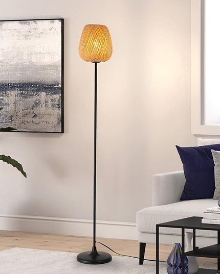 Japanese Style Bamboo Floor Lamp Rattan Handwoven Modern Standing Lighting Black Metal Legs Industrial Vintage Farmhouse Tall Floor Light Fixture for Living Room, Bedroom,Office Without E26 Bulb - LeafyLoom