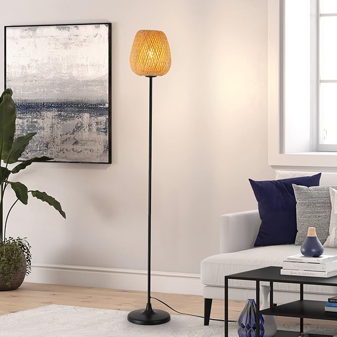 Japanese Style Bamboo Floor Lamp Rattan Handwoven Modern Standing Lighting Black Metal Legs Industrial Vintage Farmhouse Tall Floor Light Fixture for Living Room, Bedroom,Office Without E26 Bulb - LeafyLoom