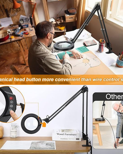 8X Large Magnifying Glass with Light and Stand, KRSTLV 2 x 16 Inch Swivel Arm LED Desk Lamp with Clamp, 5 Color Modes Stepless Dimmable Lighted Magnifier Hands Free for Close Work, Craft, Hobby, Black - LeafyLoom
