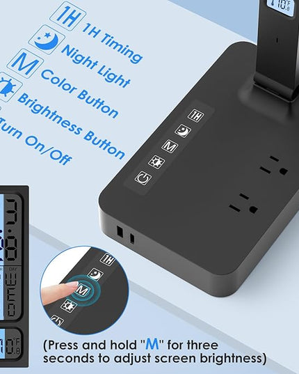 Desk Lamp with USB Charging Port: LED Eye-Caring Smart Table light for Home Office - 1 Type-C, 1 USB-A Charging Port, 2 AC Power Outlets. - LeafyLoom