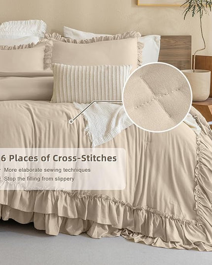 Farmhouse King Size Comforter Set,Shabby Boho Chic Bedding Ruffled Linen Feel Textured King Bed Comforter Vintage Rustic French Country Bedding Sets 3 Pieces - LeafyLoom